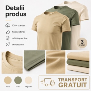 Set 3 Tricouri Bărbați 100% Bumbac – Culori Naturale, Nisip, Khaki, Migdală - Img 7