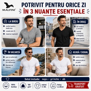 Set 3 Tricouri Bărbați 100% Bumbac cu Guler V-Neck – Alb, Negru și Gri | Model 102 | Transport Gratuit - Img 8