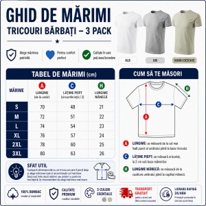 Set 3 Tricouri Bărbați 100% Bumbac Regular Clasic – Alb, Gri Închis și Kaki Deschis | S-3XL - Img 3