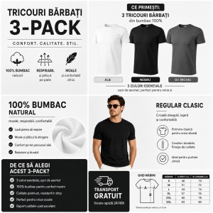 Set 3 Tricouri Bărbați 100% Bumbac Regular Clasic – Alb, Negru și Gri S - 3XL - Img 3