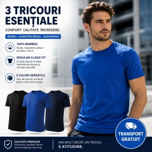 Set 3 Tricouri Bărbați 100% Bumbac Regular Clasic – Albastru Marin, Albastru Regal și Negru | S-3XL - Img 5