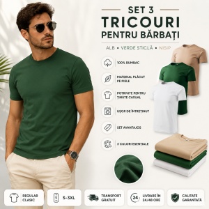 Set 3 Tricouri Bărbați 100% Bumbac Regular Clasic – Nisip, Verde Sticlă și Alb | S-3XL - Img 5