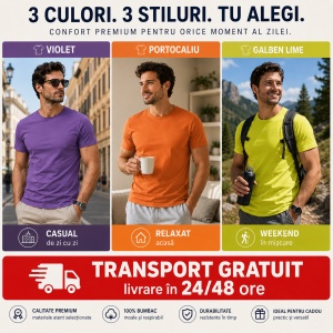 Set 3 Tricouri Bărbați 100% Bumbac Regular Clasic – Violet, Portocaliu și Galben Lime | S-3XL - Img 4