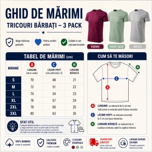 Set 3 Tricouri Bărbați 100% Bumbac Regular Clasic – Vișiniu, Verde Sage și Gri Ice | S-3XL - Img 3