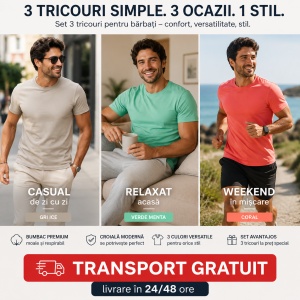 Set 3 Tricouri Bărbați 100% Bumbac Regular Fit – Gri Ice, Verde Mentă, Coral | S-3XL - Img 4