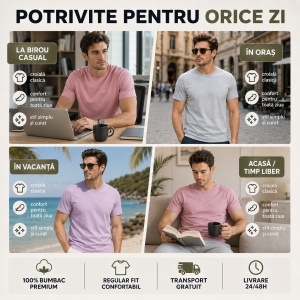 Set 3 Tricouri Bărbați 100% Bumbac Regular Fit – Roz, Gri Deschis, Orchid | S-3XL - Img 7