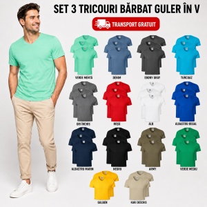 Set 3 Tricouri Bărbați cu Guler în V Malfini 146, Premium, 100% Bumbac, Slim Fit, Transport Gratuit
