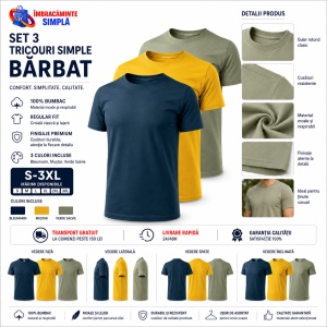 Set 3 Tricouri Bărbați din bumbac 100%, Malfini Elegant Casual – Galben, Kaki, Bleumarin - Img 3