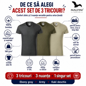 Set 3 Tricouri Bărbați Malfini 146 cu Guler în V, Premium, 100% Bumbac, Slim Fit, Ebony Gray, Army și Kaki Deschis, Mărimi S–3XL - Img 5