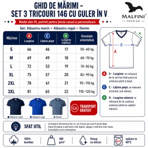 Set 3 tricouri bărbați Malfini Slim Fit V Neck 146, guler în V, 100% bumbac, 180 g/m², albastru marin, albastru regal și denim, mărimi S 3XL, transport gratuit - Img 3
