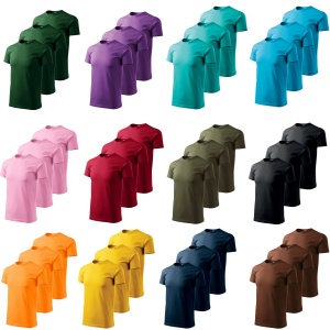 Imagine de prezentare pentru setul de 3 tricouri si culorile disponibile albastru, army, cafea, coral, lamaie, gri, portocaliu, rosu, roz, turcoaz, violet