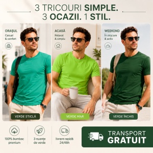 Set 3 tricouri bumbac 100% calitate simplu clasic pentru barbati, trei nuante de verde - Img 2