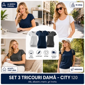 Set 3 tricouri bumbac 100%, cu banda aplicata jos elegant casual pentru femei 120 - Alb Gri Albastru Marin - Img 9