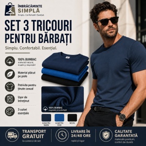 Set 3 tricouri bumbac 100% simplu clasic pentru barbati, Albastru marin, Negru, Albastru - 132 - Img 2