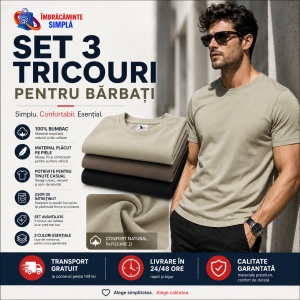 Set 3 tricouri bumbac 100% simplu clasic pentru barbati, army, kaki deschis, gri ardezie 132 - Img 2