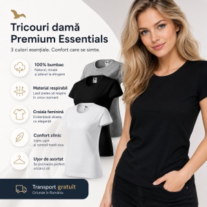 Set 3 tricouri clasice simple dama bumbac 100%, casual pentru femei, alb, negru, gri inchis 134 - Img 9