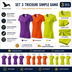 Set 3 Tricouri Damă 100% Bumbac – Casual Clasic, Violet, Portocaliu și Lime | Transport Gratuit - Img 2