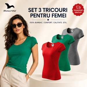 Set 3 Tricouri Damă 100% Bumbac – Elegant Casual, Decolteu, Verde, Roșu și Gri | Model 122