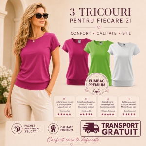 Set 3 Tricouri Damă cu Bandă Jos | 100% Bumbac, Purpuriu, Verde Măr și Alb - Img 4