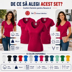 Set 3 Tricouri Damă Malfini Fit V-Neck 162 – 100% Bumbac, Croială Cambrată, Guler în V, 13 Culori - Img 2