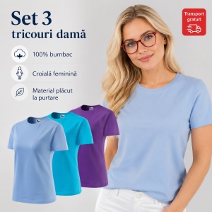 Set 3 tricouri dama simple bumbac 100%, casual clasic pentru femei multicolor, albastru deschis, turcoaz, violet 133 - Img 8