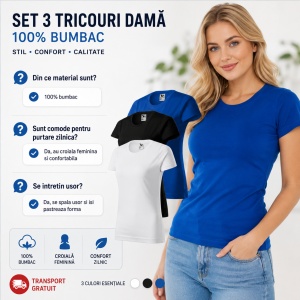 Set 3 tricouri dama simple bumbac 100%, casual clasic pentru femei multicolor, alb,negru, albastru regal 134 - Img 2