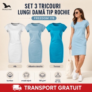 Set 3 Tricouri Lungi Damă Tip Rochie Freedom 178 – Alb, Albastru Deschis, Turcoaz, Bumbac, Croială Lejeră, XS–2XL