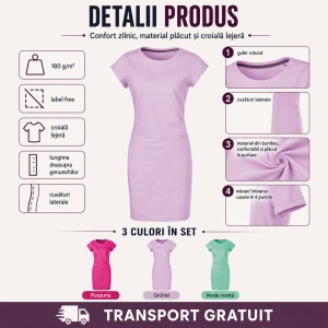 Set 3 Tricouri Lungi Damă Tip Rochie Freedom 178 – Bumbac, Croială Lejeră, Purpuriu, Orchid, Verde Mentă, XS–2XL - Img 7