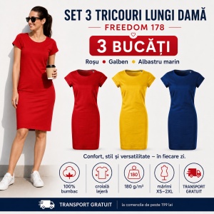 Set 3 tricouri lungi damă tip rochie Malfini Freedom 178, 100% bumbac, roșu, galben și albastru marin, XS–2XL
