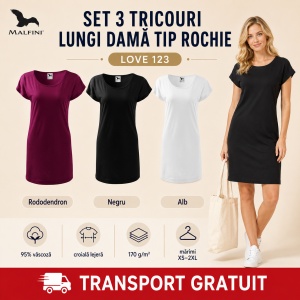 Set 3 Tricouri Lungi Damă Tip Rochie Malfini Love 123 – Rododendron, Alb și Negru