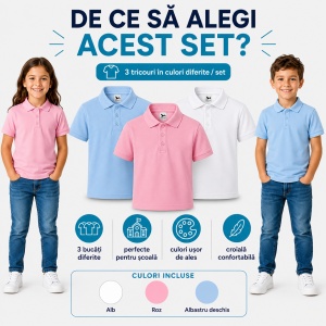 Set 3 Tricouri Polo Copii – Pentru Fete și Băieți, Ideale pentru Școală - Img 7