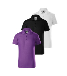 prezentarea setului de 3 tricouri polo copii avand culorile alb negru si violet