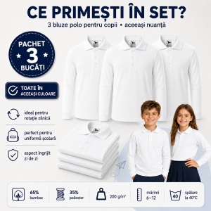 Set 3 Tricouri Polo Copii cu Mânecă Lungă – Bluze pentru Școală, Uniformă, Joacă și Timp Liber, Băieți și Fete - Img 3