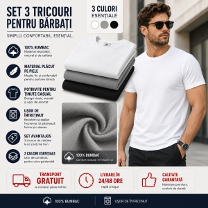 Set 3 tricouri simple, bumbac 100% Calitate clasic pentru barbati, alb, negru, gri 132 - Img 5