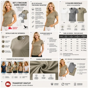 Set 3 tricouri simple dama bumbac clasic casual pentru femei, alb, gri inchis, kaki deschis 134 - Img 3