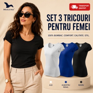 Set 3 tricouri simple dama din bumbac 100%, Elegant casual cu decolteu femei, Alb, Negru, Albastru regal, transport gratuit