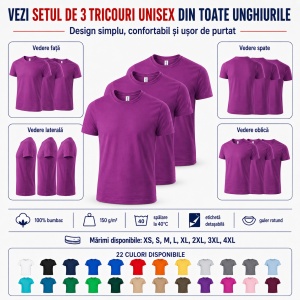Set 3 tricouri unisex damă și bărbat, 100% bumbac, aceeași culoare, 22 nuanțe disponibile - Img 7