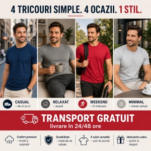Set 4 Tricouri Bărbați 100% Bumbac Basic – Alb, Gri Închis, Albastru Închis și Gri Deschis | S-3XL - Img 8