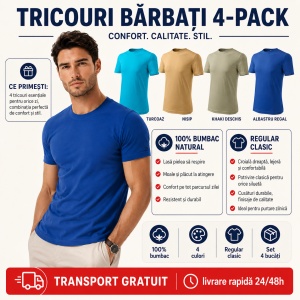 Set 4 Tricouri Bărbați 100% Bumbac Basic – Turcoaz, Nisip, Khaki Deschis și Albastru Regal | S-3XL - Img 8
