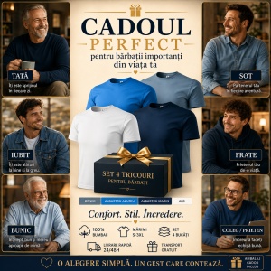 Set 4 Tricouri Bărbați 100% Bumbac Regular Clasic – Denim, Albastru Azuriu, Albastru Marin și Alb | S-3XL - Img 9
