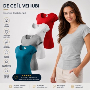 Set 4 Tricouri Damă 100% Bumbac – Casual Clasic, Albastru Petrol, Gri, Alb și Roșu | Transport Gratuit - Img 4