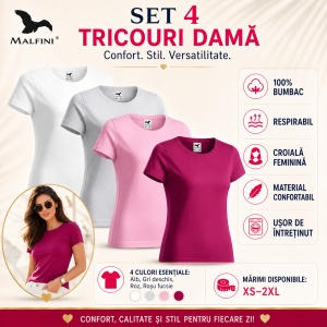 Set 4 Tricouri Damă 100% Bumbac – Casual Clasic, Roz, Roșu Fucsie, Gri Deschis și Alb | Transport Gratuit - Img 2