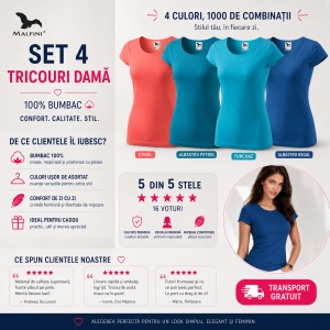 Set 4 Tricouri Damă 100% Bumbac cu Decolteu – Coral, Albastru Petrol, Turcoaz și Albastru Regal | Transport Gratuit - Img 6