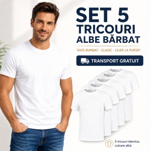 Set 5 tricouri albe barbat simple, bumbac 100%, lejere la purtat, clasic pentru barbati, Alb -132 - Img 8
