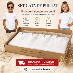 Set 5 Tricouri Albe Copii | Bumbac 100% Calitate Superioară - Img 12