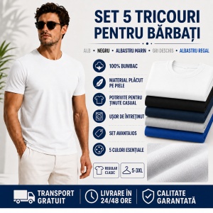 Set 5 Tricouri Bărbat Bumbac 100% | alb,negru,albastru marin gri deschis , si albastru regal | Transport Gratuit - Img 6