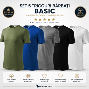 Set 5 Tricouri Bărbați 100% Bumbac – Khaki, Albastru Regal, Gri Închis, Negru și Alb | S-3XL - Img 6