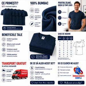 Set 5 Tricouri Bărbați Albastru Marin – 100% Bumbac, Regular Fit, XS–5XL - Img 8