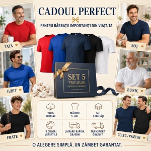 Set 5 tricouri bumbac 100% simplu clasic, Alb, Negru, Albastru Marin, Rosu, Albastru - Img 8