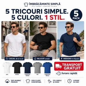 Set 5 tricouri bumbac 100% simplu clasic pentru barbati, Alb, Negru, Albastru Marin, Gri, Albastru-132 - Img 5